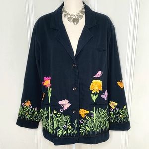 Quacker Factory Black 100% Cotton Embroidered Blazer Size 1X Fully Lined